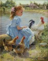 jeune fille avec coq et deux poules animaux de compagnie